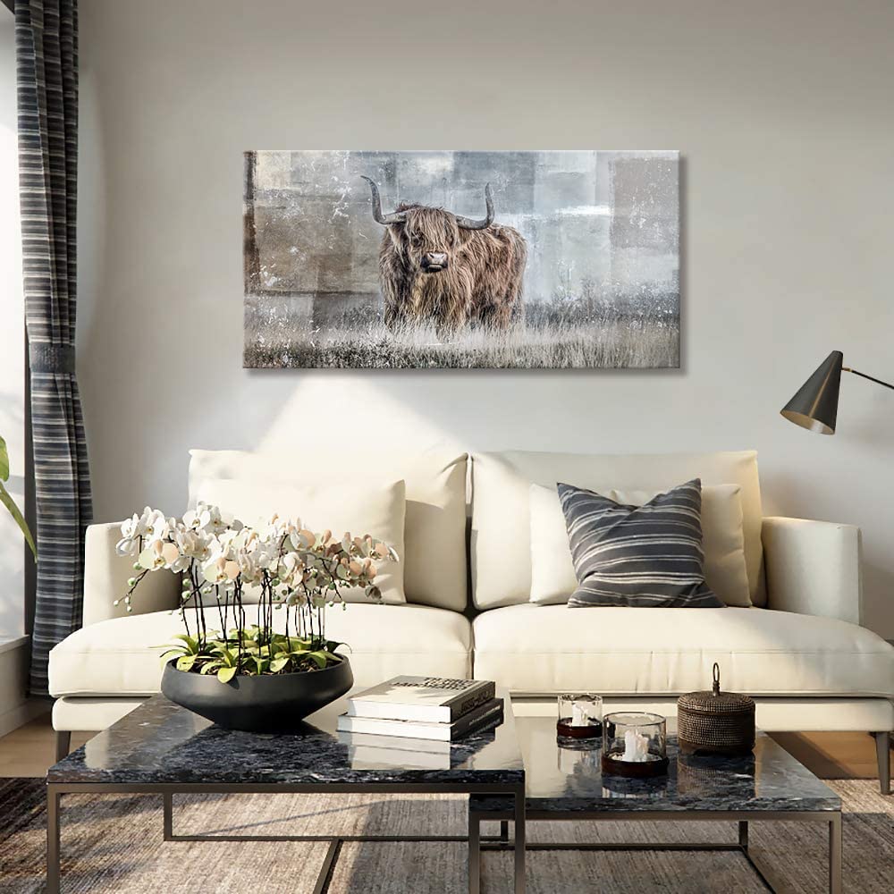 Quadro Su Tela Con Mucca Highland – Decorazione Da Parete Rustica 50x100 Cm, Stampa Giclée, Pronto Da Appendere