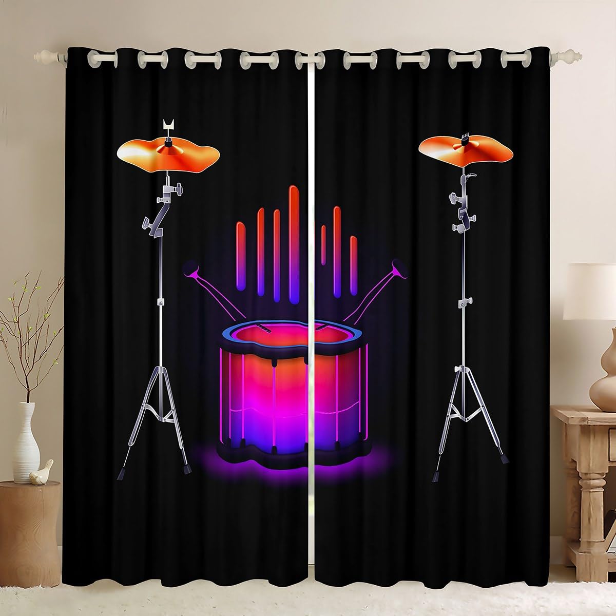Homewish Rideau Occultant 117x137 cm Kit de Tambour de Néon,Rideau Instruments de Musique Abstraits,Rideaux Voilage Enfants Garçons Adolescents Adultes La Musique Pop Musique Rock Moderne