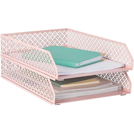 Blu Monaco Gold Desk Organizer - Set Of 2 Stackable Metal Wire Paper Trays, Inbox Tray For Office