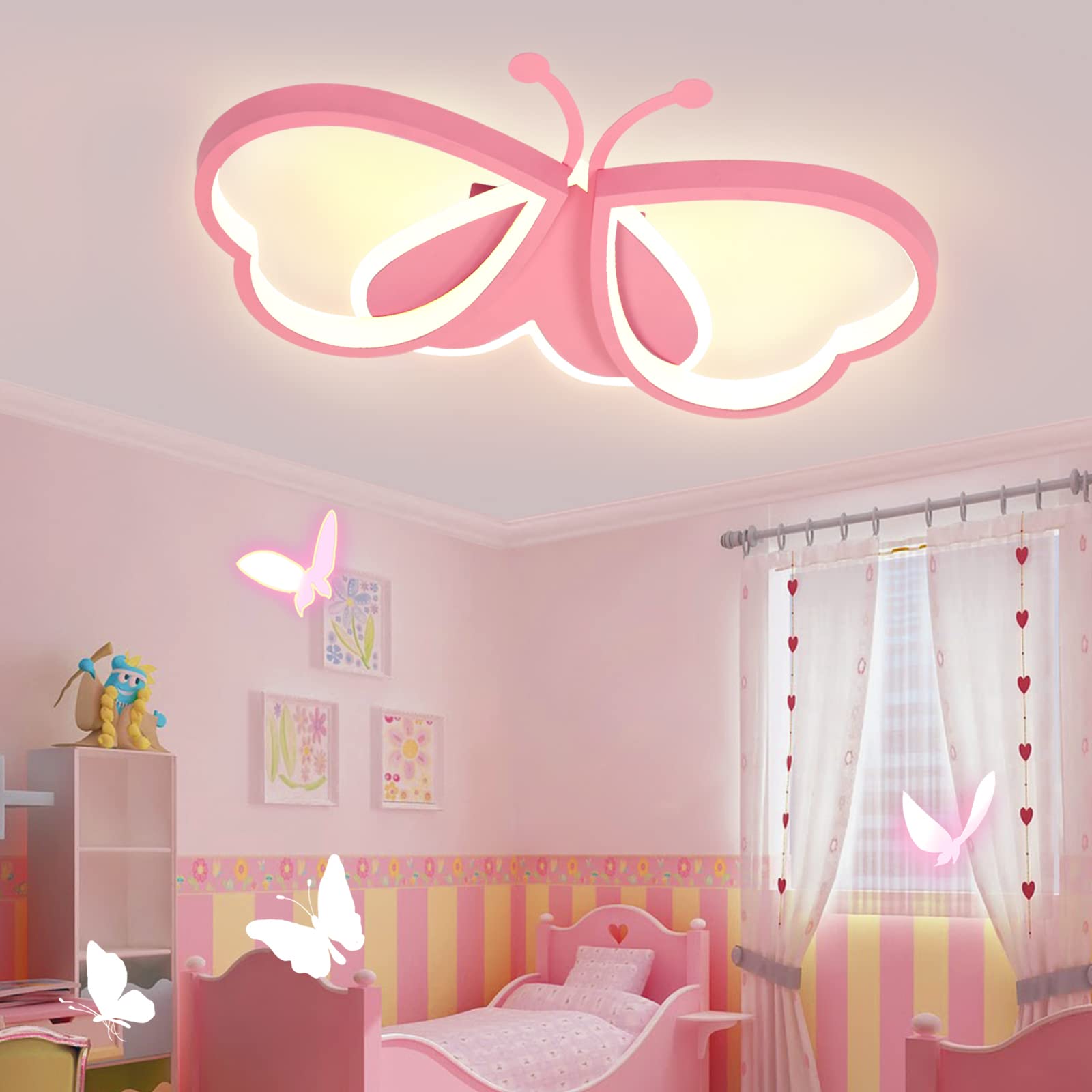 LUOLONG Lampada da soffitto a LED per bambini Lampada da soffitto a farfalla Dimmerabile Acrilico Camera dei bambini Cartoon Lampada da soffitto creativa Camera da letto della ragazza-rosa 62cm