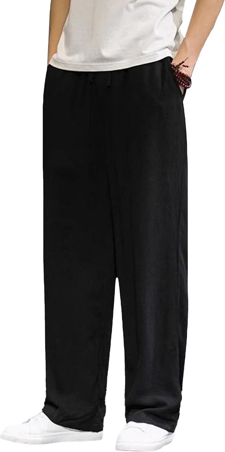 Men's Linen Comfort Basic Casual Pants Baggy Vintage Drawstring Pants Lightweight Breathable Trousers