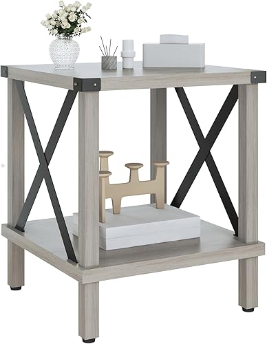 MLBZ16Z - Mesa auxiliar grande de estilo industrial, mesa auxiliar de madera con acento en X de metal con estante de almacenamiento para sala de