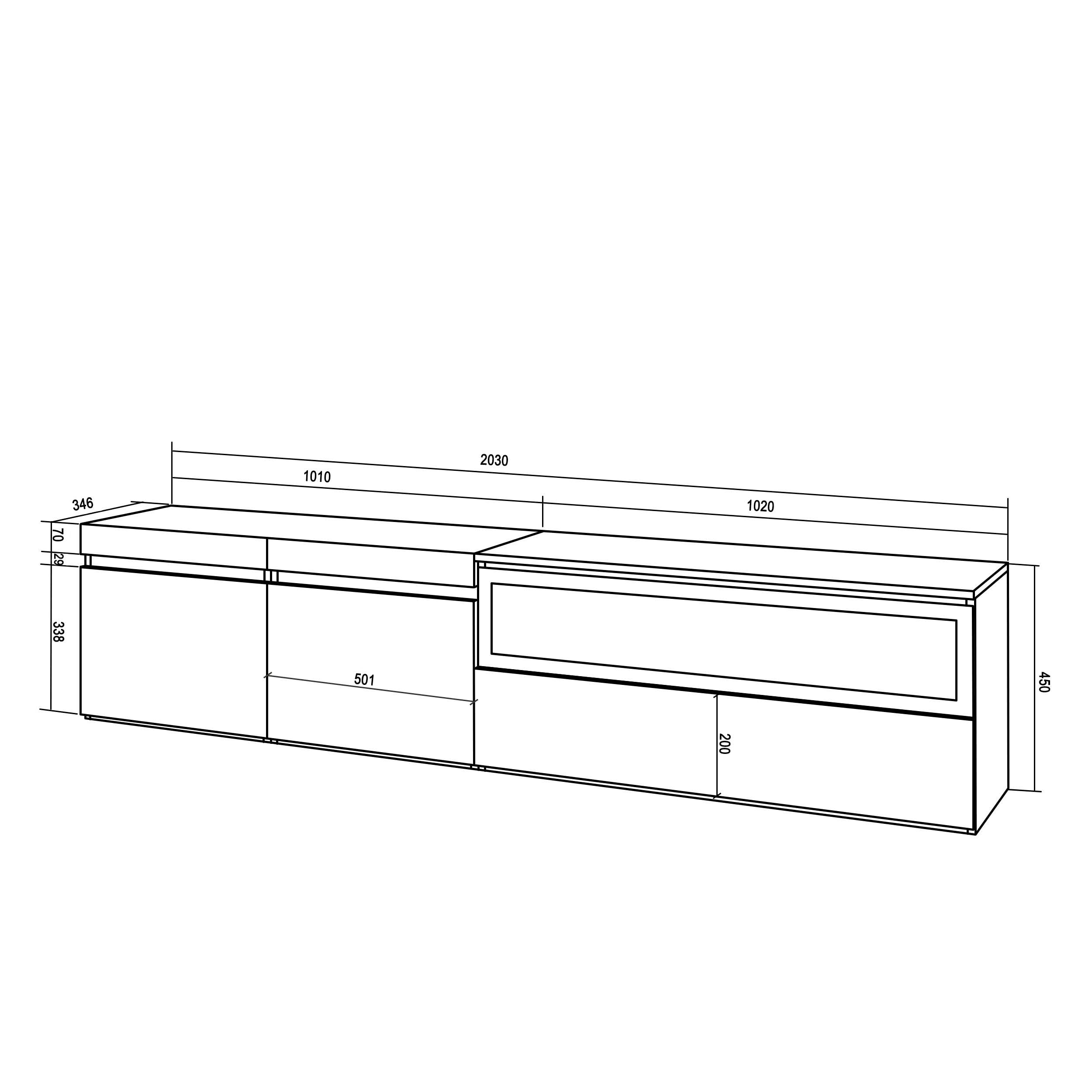 Skraut Home | Mobile TV Soggiorno | Ampio spazio a disposizione | 200x45x35cm | Per TV fino a 80" | Camino elettrico | Stile moderno | Cemento