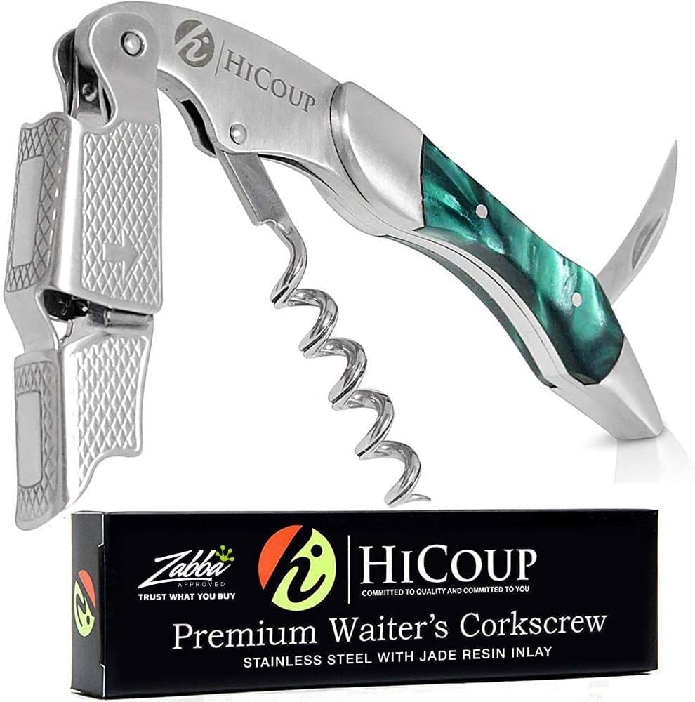Hicoup Wine Opener - Professional Corkscrews for Wine Bottles w/Foil Cutter and Cap Remover - Manual Wine Key for Servers, Waiters, Bartenders and Home Use - Jade Resin & Steel