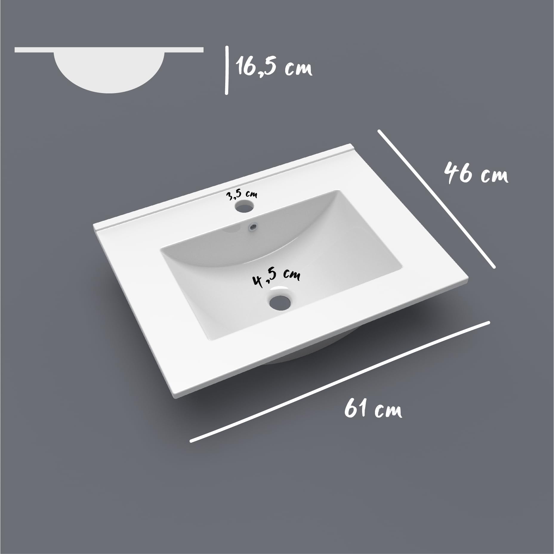 Lavabo da incasso per mobile da bagno da 60 | 16,5 x 61 x 46 cm (altezza x larghezza x profondità) in ceramica bianca| MUEBLES PITARCH