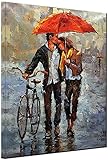 TAOMI Couples Holding Red Umbrellas Landscape Wall Art Painting Print for Living Room Lobby Home Decor Frame to Hang