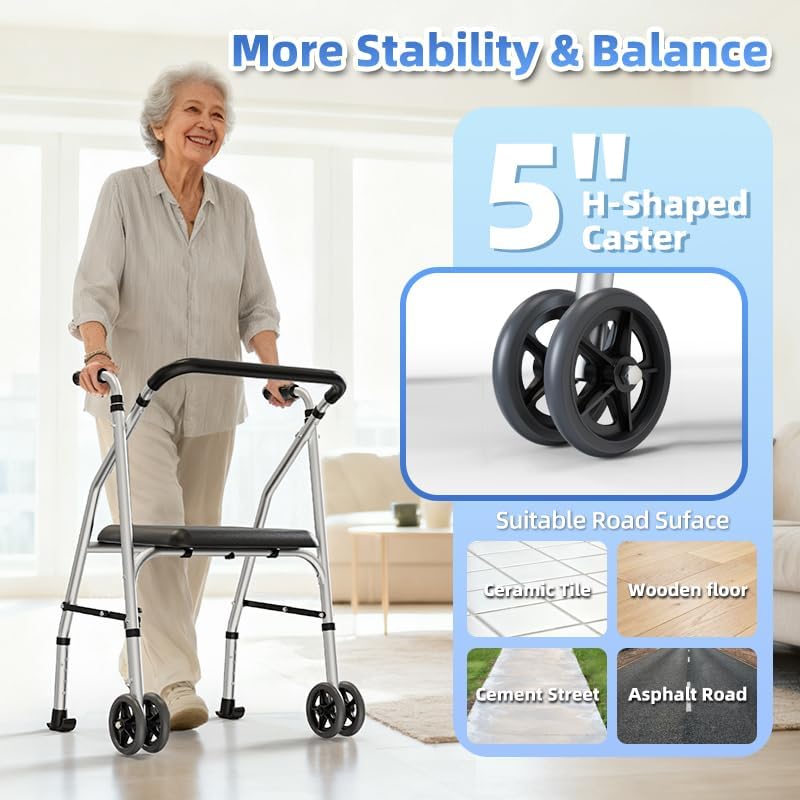 Walkers for Seniors, Standard Walker with Seat, Adjustable Two-Wheeled Walker with 5”Wheels, Lightweight, Supports 300lbs, Compact Travel Walker, Suitable for use in Car