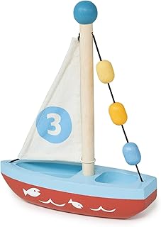 Mentari Toys - Wooden Sailing Boat - Solid Wood Play Boat with Colorful Beads and Fabric Sail - Pretend Play Toy for Toddlers - Inspire Creativity and Storytelling - Age 18m+