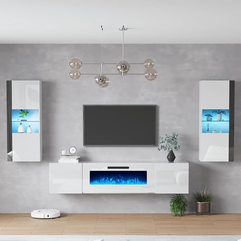 AMERLIFE Wall Unit Entertainment Center with 40" Electric Fireplace, Includes 80" Floating Fireplace TV Stand, 2 x Wall Cabinets, Modern LED Light Media Console Table for Living Room, All White