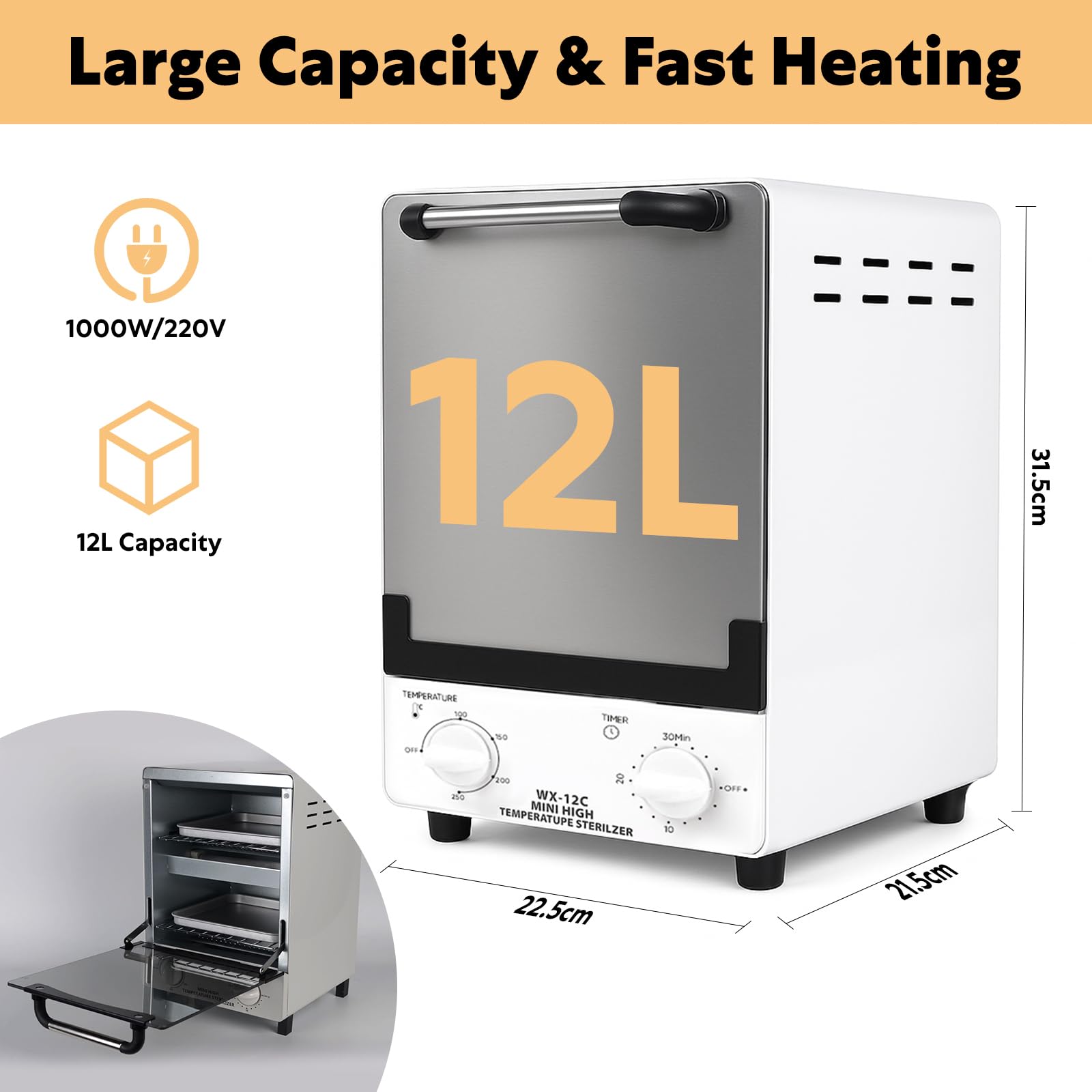 Hochtemperatur-Sterilisator 12 Liter Hochdruck-Sterilisator, Werkzeug Sterilisatoren mit Temperaturregelung und Timer, Trockene Hitze Sterilisator mit Tablett für Friseursalon, Spa, Nagelstudio