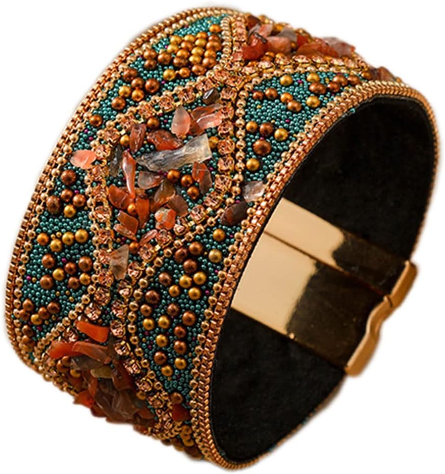 Caiyao Handmade Bohemian Natural Stone Rhinestone Bead Bracelet Bangle for Women Boho Wrap Faux Leather Gravel Seed Wristband Bracelet Ethnic Summer Beach Jewelery