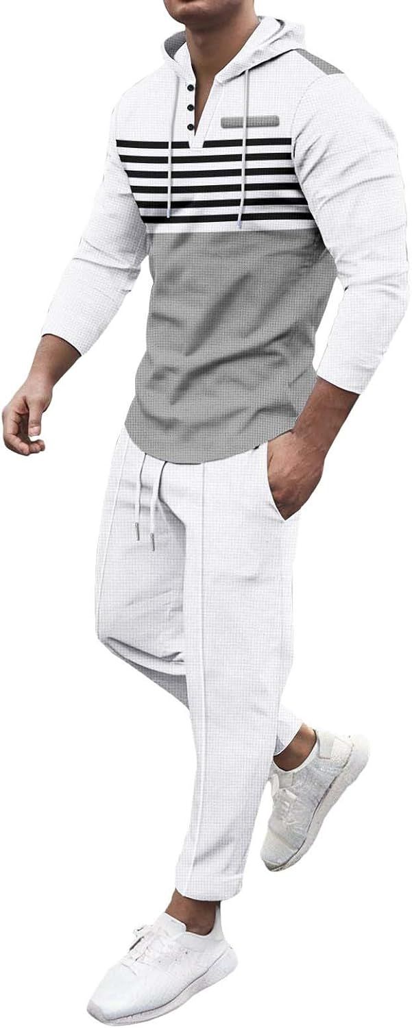 Sweatshirts Set for Mens 2 Piece Color Match Stripe Texture Long Sleeve Hoodies Hiking Pants Summer Athletic Clothes