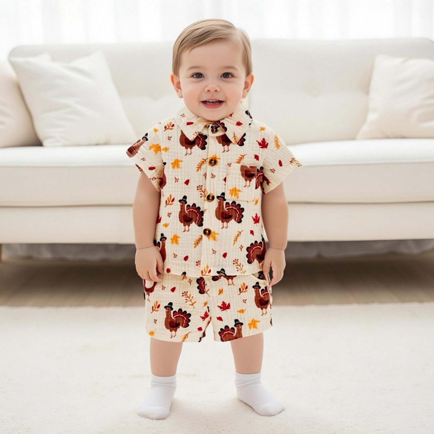 Toddler Baby Boy Thanksgiving Outfit Turkey Cotton Linen Short Sleeve Button Down Shirt and Shorts Set Fall Clothes