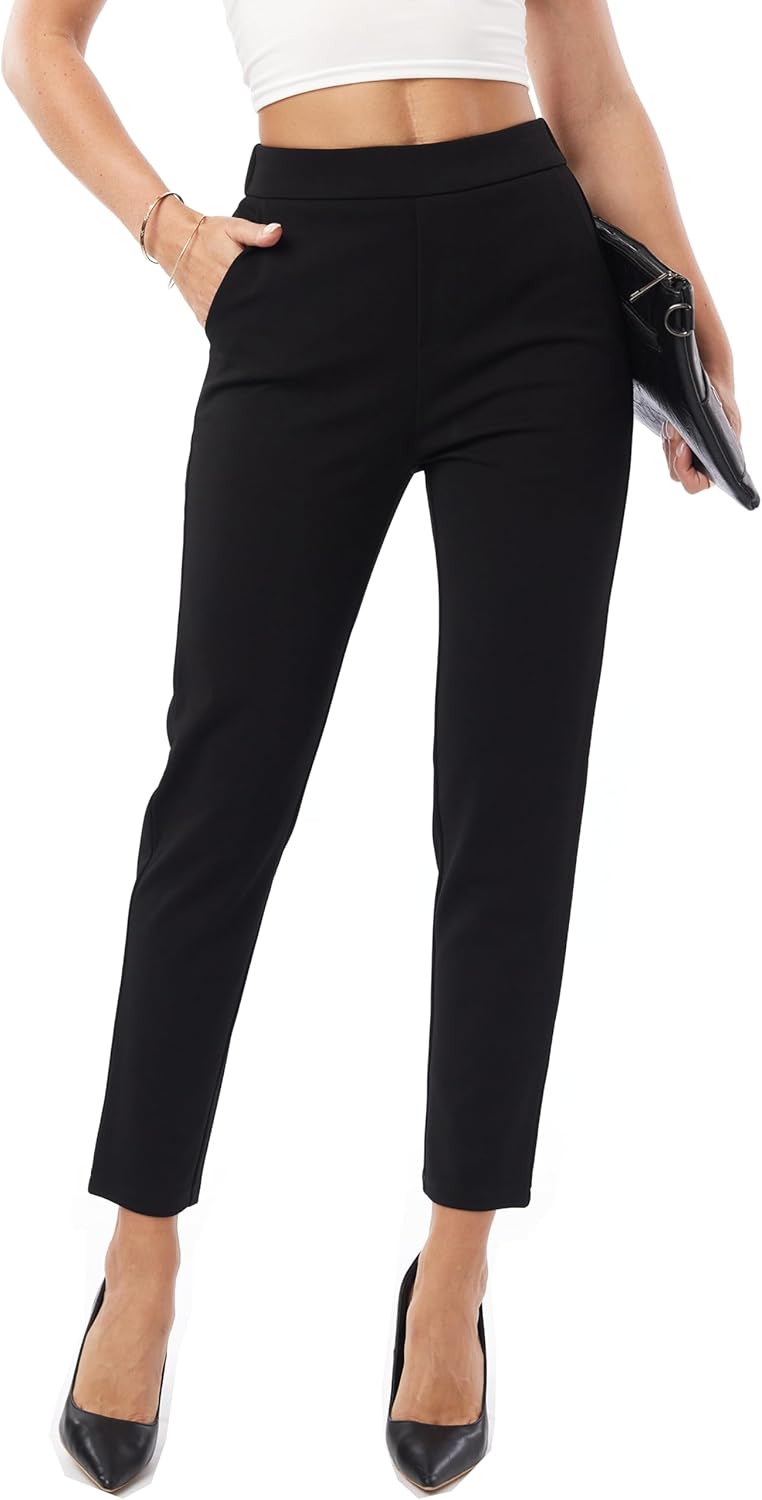 heipeiwa Women's Dress Pants High Waist Pull on Pants Comfort Stretch Work Slacks Crop Trouser