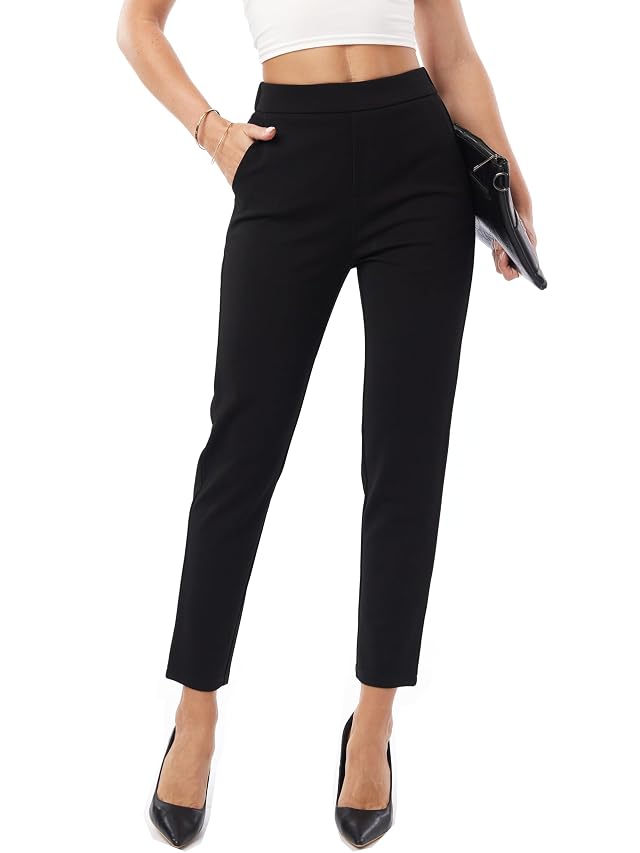 heipeiwa Womens Dress Pants High Waist Pull on Pants Comfort Stretch Work Slacks Crop Trouser