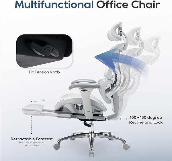 COLAMY Ergonomic Mesh Office Chair with Footrest, Executive High Back Computer Desk Chair with Wide Headrest and Adjustable 3D Arms, Backrest Height, Tilt Lock and Lumbar Support, Grey - 4
