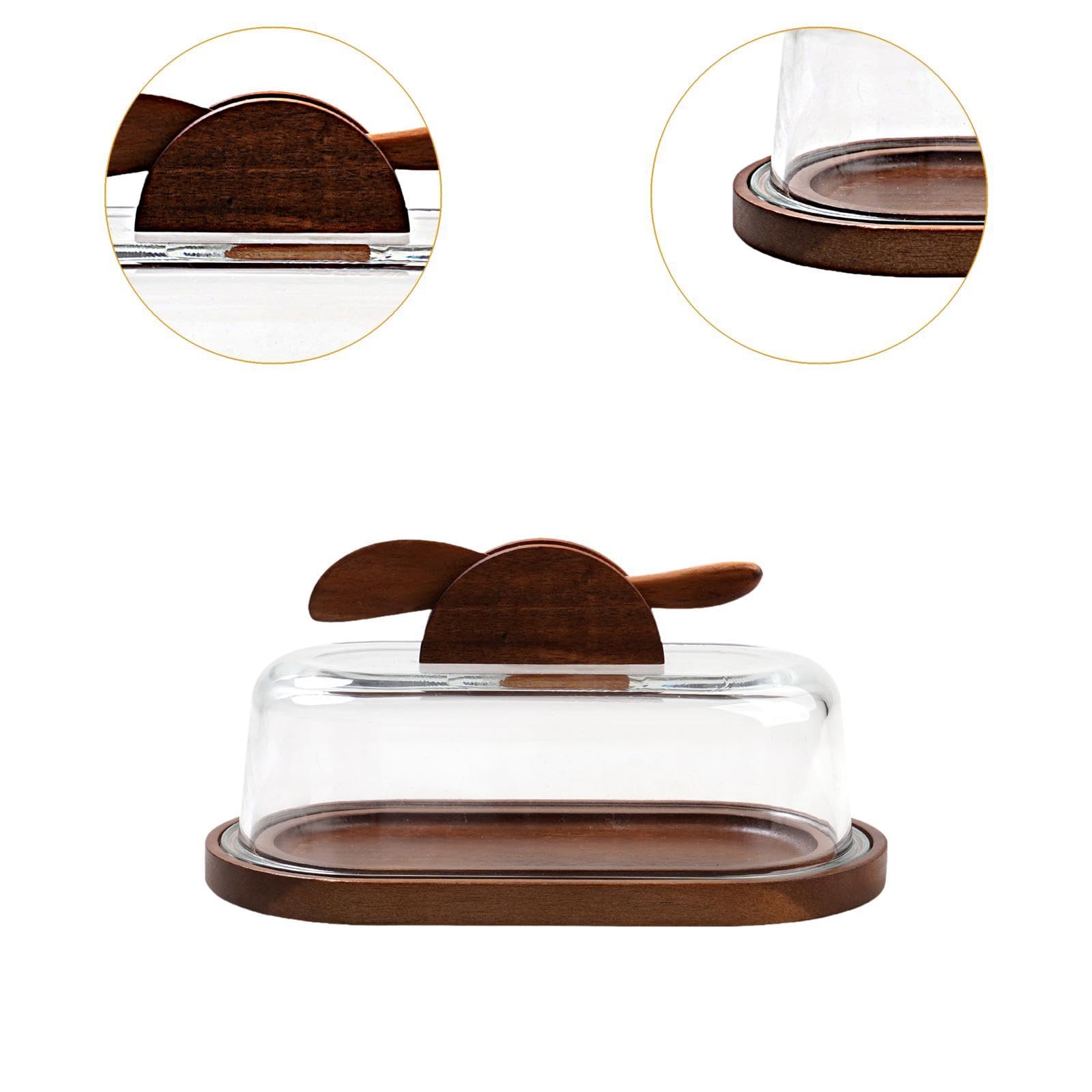 Butter Dish Vassoio Porta Burro Rettangolare con Coperchio Vetro E Base Legno Organizzatore Cucina per Conservare Formaggio E Dolci Scatola per