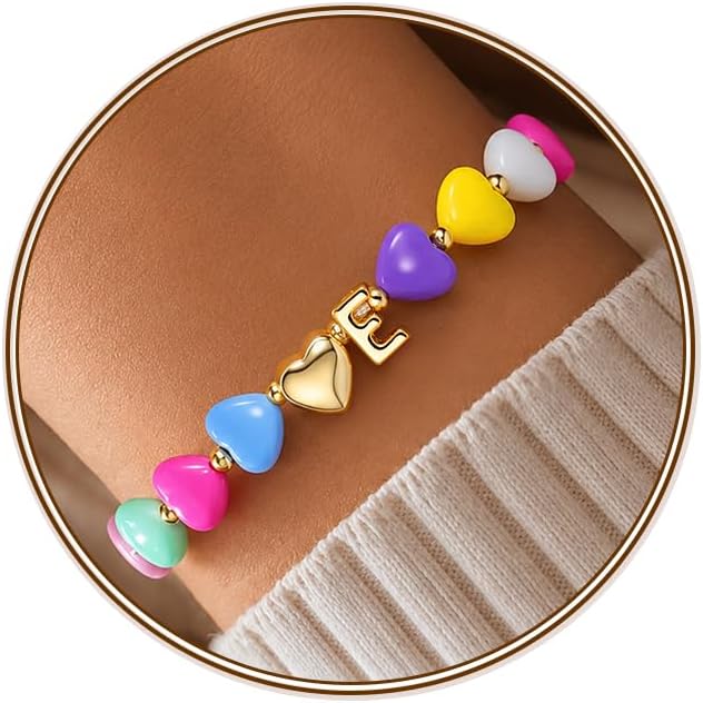 Turandoss Birthday Gifts for 3-16 Year Old Girls Kids Toddler Bracelets | Dainty 14K Gold Plated Colorful Heart Beaded Letter A-Z Charm Bracelet, Adjustable Personalized Jewelry, Cute Birthday Gift