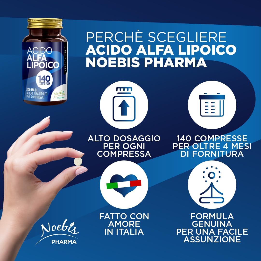 Acido Alfa Lipoico Noebis Pharma - 300 mg per Compressa - 140 Compresse - Supporto Antiossidante e Metabolismo Energetico