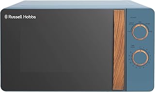 Russell Hobbs RHMM713BL 17 L 700 W Scandi Compact Blue Manual Microwave with 5 Power Levels, Wood Effect Handle & Dials, Timer, Defrost Setting, Easy Clean