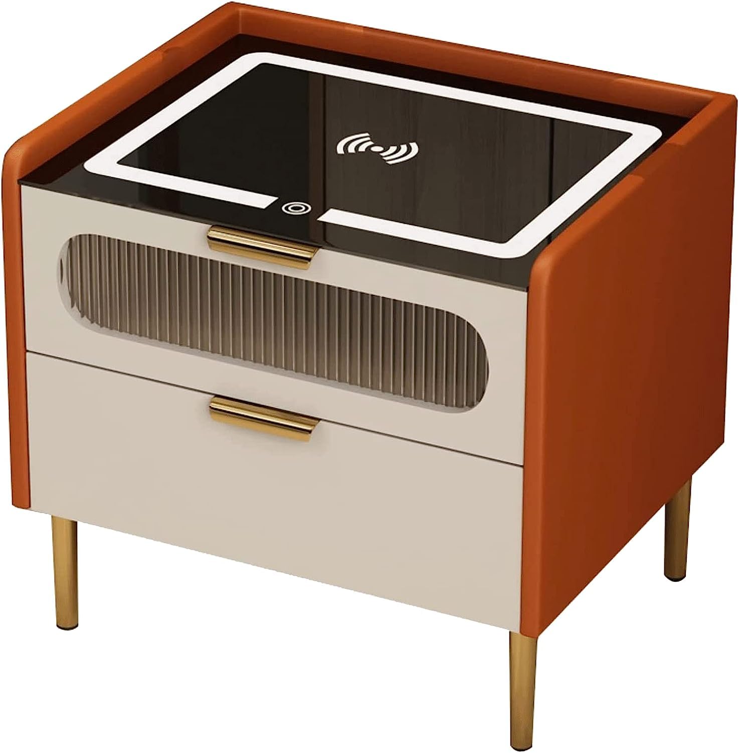 BHGFYXBS Simple Nightstand Smart Nightstand Wireless Charging Station End Table 2 Drawers Bedside Table Wood 3-Color Led Leather Vision,Grey-40 * 40 * 52Cm,Orange-40 * 40 * 52Cm,Orange-40 * 40 * 52cm