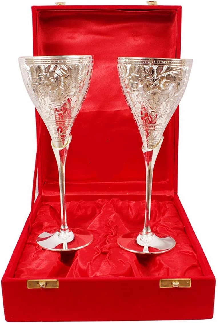 Aashita Creations German Silver Wine Glass with Beautiful Velvet Box Packing and with Carry Bag (Set of 2 Pieces Glass / 28 Centimeters)