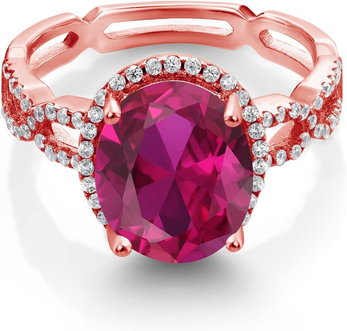 Gem Stone King 4.55 Cttw Red Created Ruby and White Created Sapphire Ring For Women | 18K Rose Gold Plated Silver | Oval 11X9MM | Wedding Engagement Anniversary Promise Ring For Women - Image 3