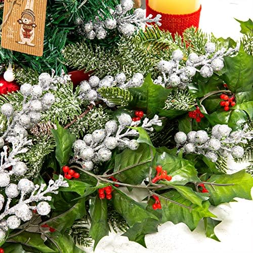 Whaline 12Pcs Christmas Glitter Berries Stems 8.3 Inch Artificial Fruit Berry Picks Holly Berry Twig for Xmas Tree Ornament DIY Craft Christmas Wreath Garland Winter Holiday Decoration, Silver