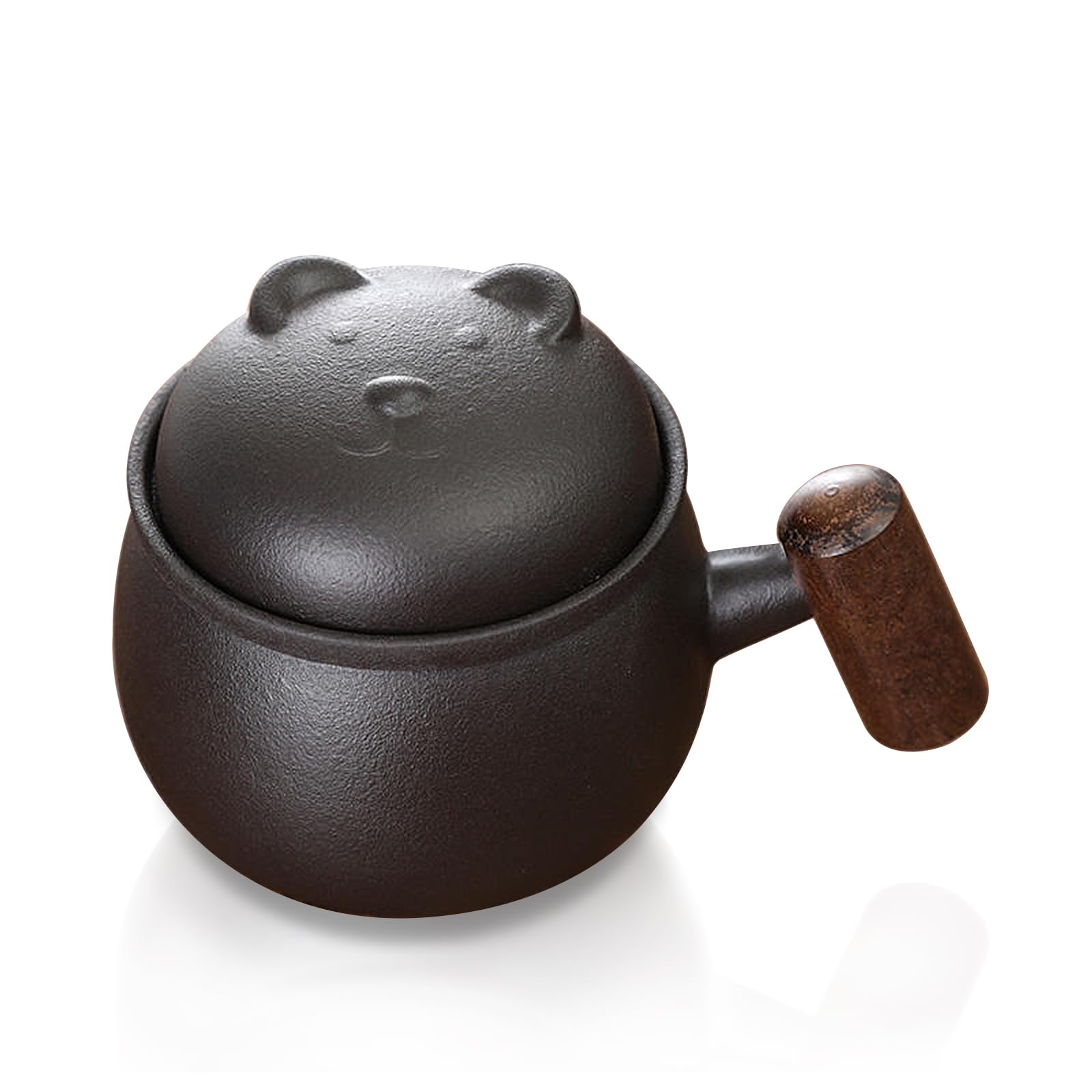 fanquare Tee-Ei-Becher Niedlicher Bär Schwarz Keramik Teetasse mit Deckel, Tragbarer Reise Tee Ziehbecher für loses Blatt