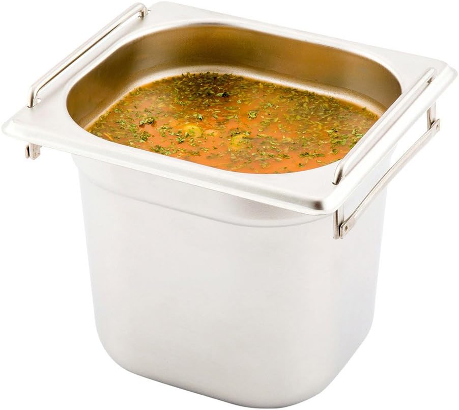 Restaurantware Met Lux 7 Inch x 6.4 Inch x 6 Inch Steam Table Pan 1 One Sixth Hotel Pan - Anti-Jam Deep Silver Stainless Steel Table Pan With Collapsible Handles For Parties Or Events