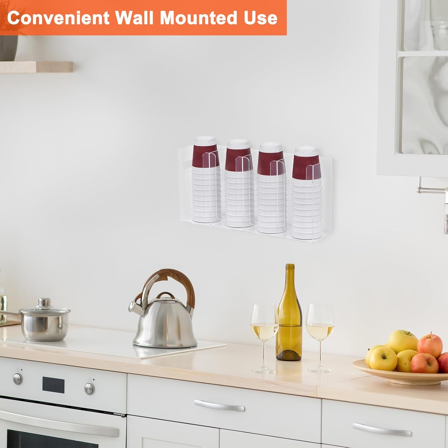 uxcell Wall Mount Disposable Coffee Cup Dispenser with Handles, Hot/Cold Drink Cup and Lid Holder Countertop Acrylic Cup Lid Storage Organizer for Bathroom(4 Compartments, Clear)