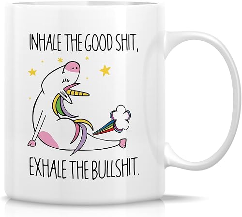 Retreez Funny Mug - Unicorn Inhale The Good Shit Exhale The Bullshit Meditation Yoga 11 Oz Ceramic Coffee Mugs - Funny Sarcasm Motivational Inspirational birthday gifts for him her friend coworker si