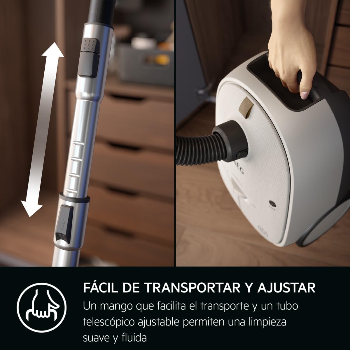 AEG AB61H6SW Aspiradora de Trineo con Bolsa, 850W de Potencia, 3,5L de Capacidad, Radio de acción 12m, Ruedas XL, Filtro Lavable, 3 cepillos + 3 Accesorios, 10 años garantía, Blanco