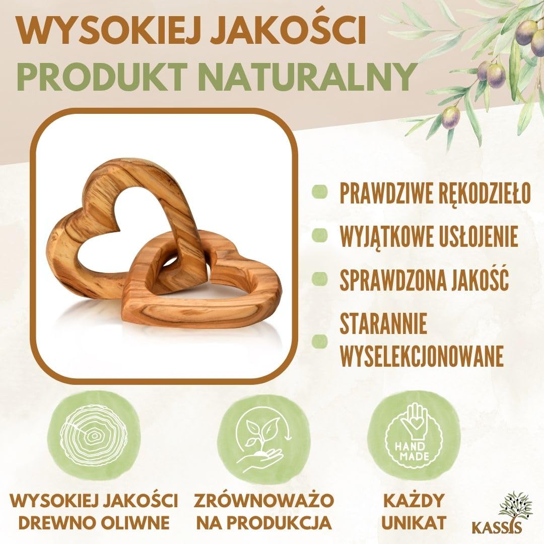 KASSIS serce z drewna oliwkowego, prezent ślubny dla pary młodej na Walentynki, rocznicę, urodziny, wysokiej jakości wykonanie, w wielu rozmiarach (grawerunek na życzenie, 10 cm)