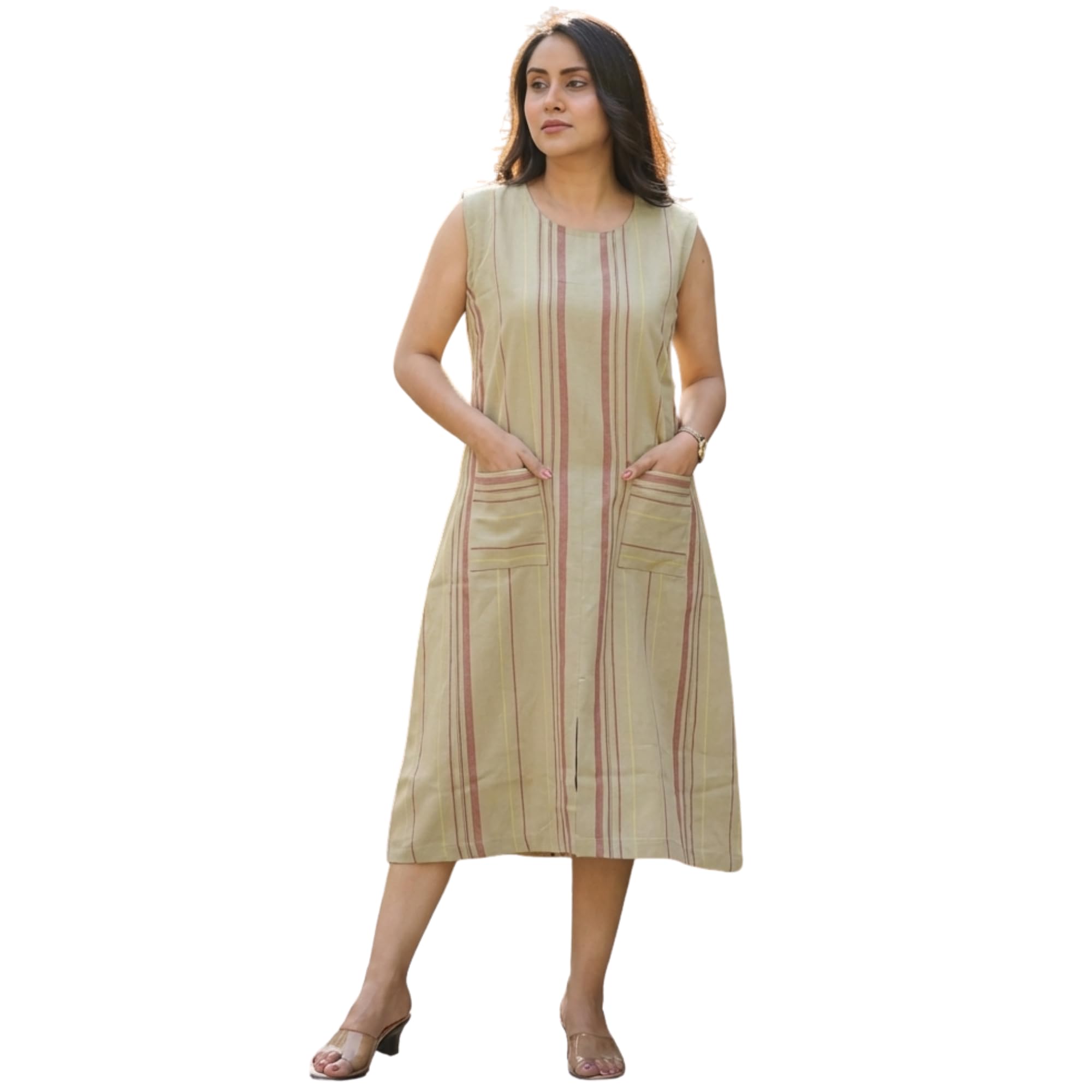 Women's Cotton Midi Dress for Summer Wear | Striped Sleeveless Western Casual One Piece Dress for Women | Flared A-Line Frock Dress with Pockets (Dark Pink/Orange/Beige, Size: S-5XL)-picture-19