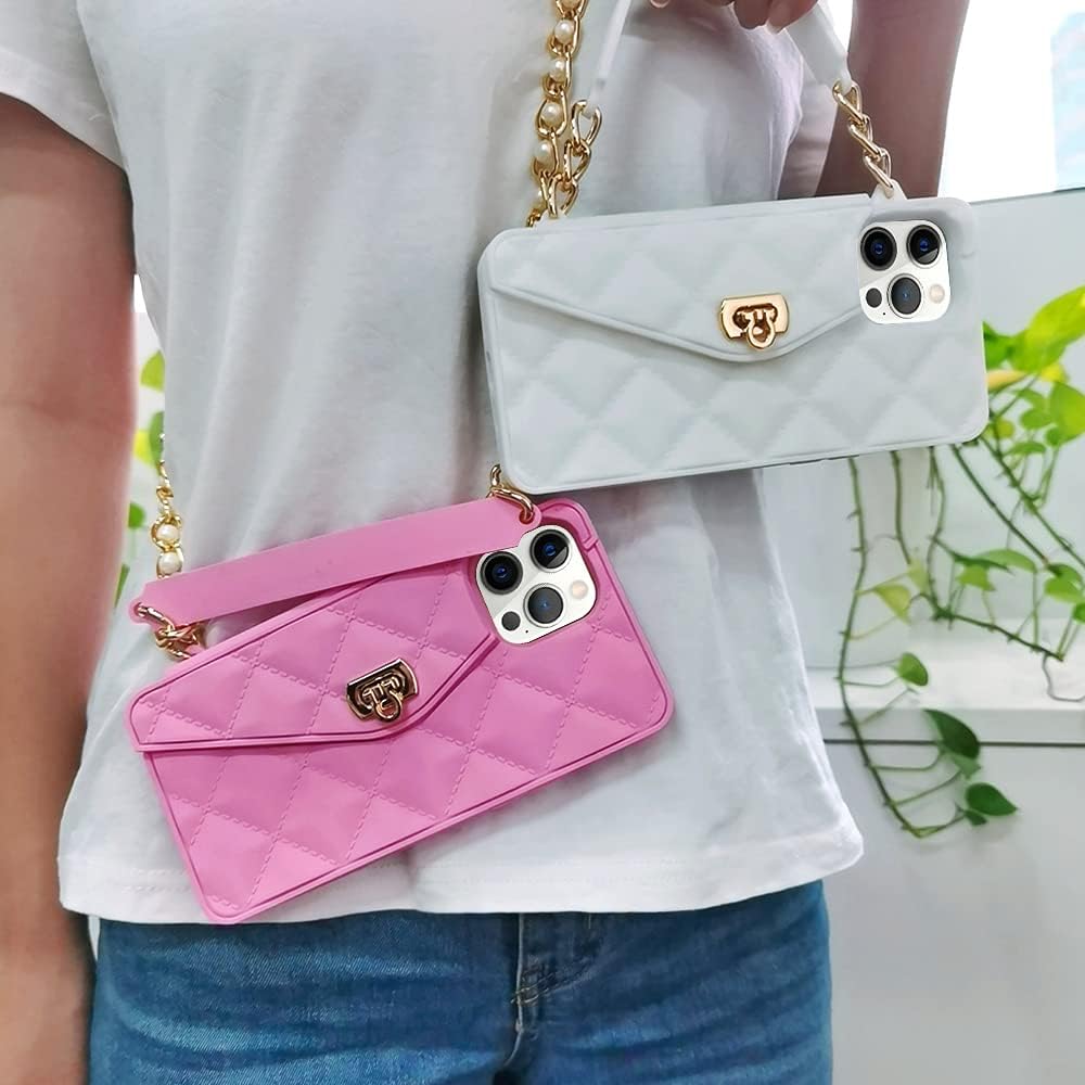 Omio for iPhone 16 Pro Max Wallet Case with Card Holder Luxury Chain Case with Long Pearl Shoulder Crossbody Lanyard Wrist Strap Soft Silicone Handbag Cover for iPhone 16 Pro Max Women Girls White - Image 7