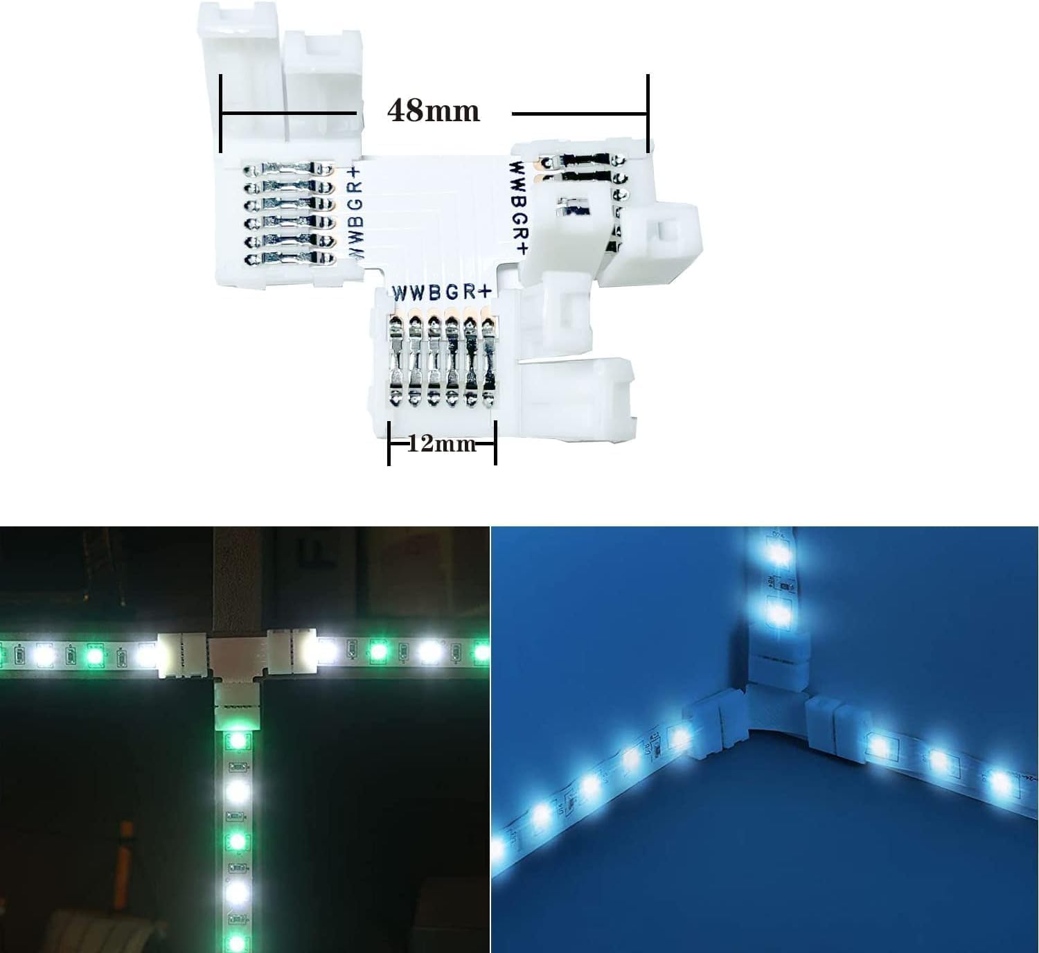 5Pack T Shape 6-Pin 12mm LED Connectors Wide Unwired Solderless Gapless Adapter Connectors Terminal Extension 12V 24V for 5050 3528 RGBWW LED Strip Lights
