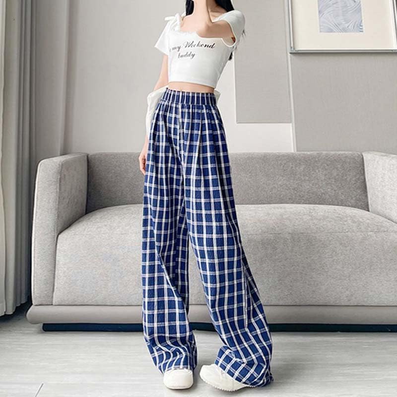 Navy Plaid Wide-Leg Pants for Women - Thin Lightweight High-Waist Straight Trousers, Lazy Chic & Drapey2