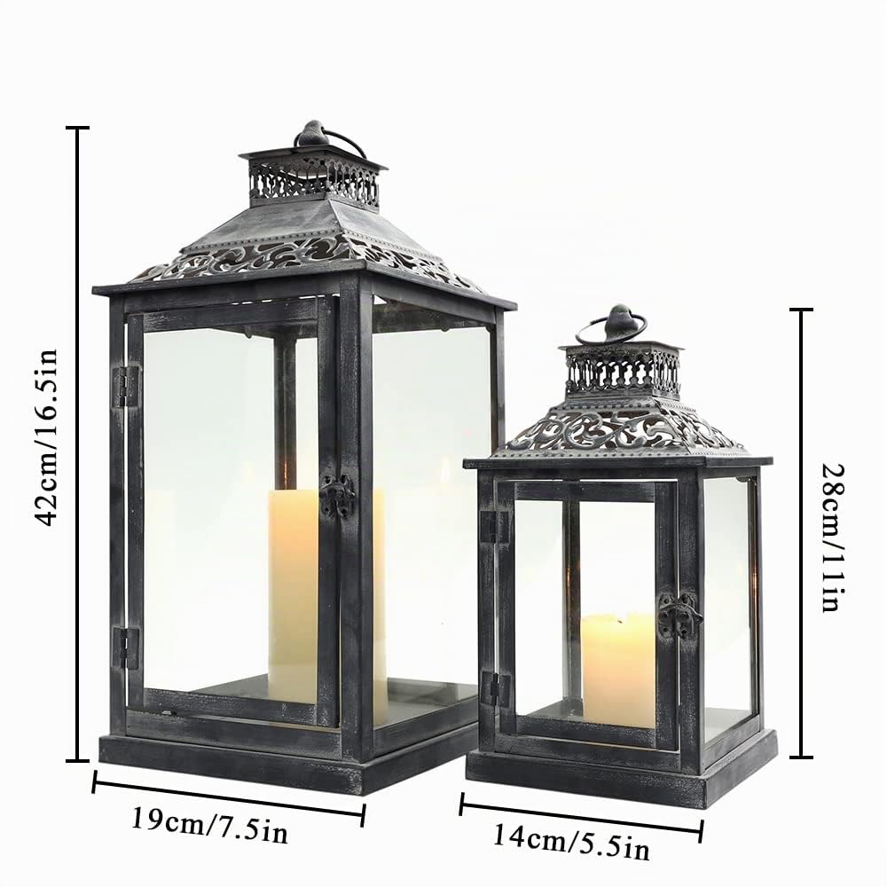 JHY DESIGN Deko Metall Hängend Laternen, Windlicht Set mit 2 Kerzen Laterne Kerzenständer Gartenlaternen für Draußen Innen Outdoor Party Garten Balkon Hochzeit Grab Wohnzimmer(Schwarzem Grauem Pinsel)