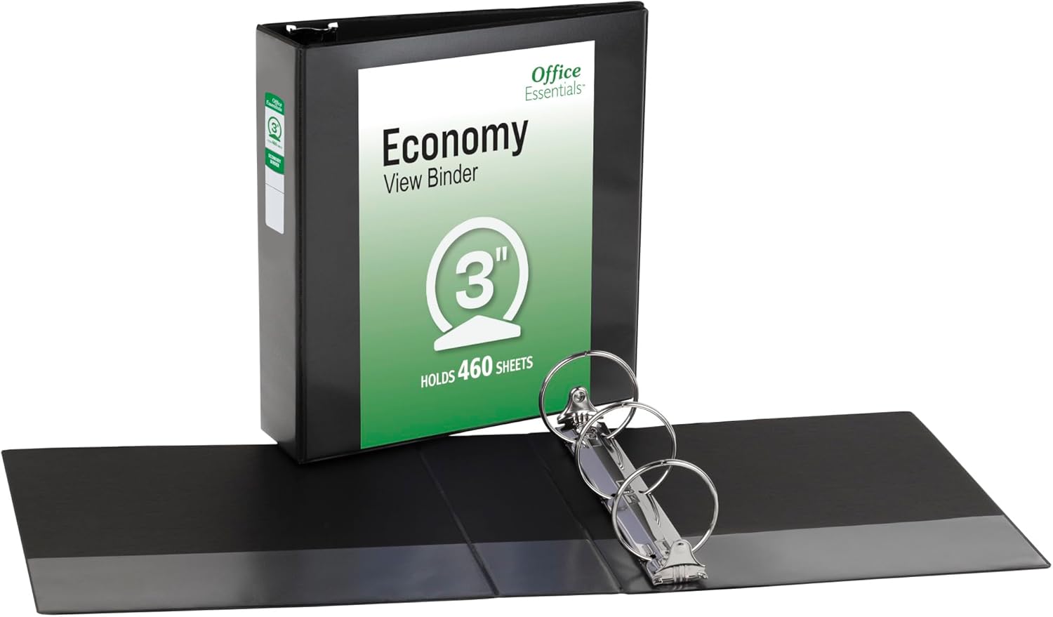 Office Essentials Economy View 3 Ring Binders, 3" Round Rings, 3.5" Spine, 460-Sheet Capacity, Black Binders (12-Pack of 03431)