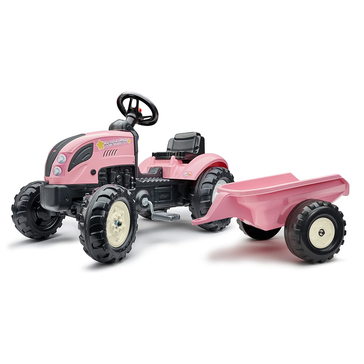 Falk - Tractor de Pedales Rainbow Star Rosa con Remolque - A Partir de 2 años - Contiene 40% de plástico Reciclado - Fabricado en Francia - 2056L