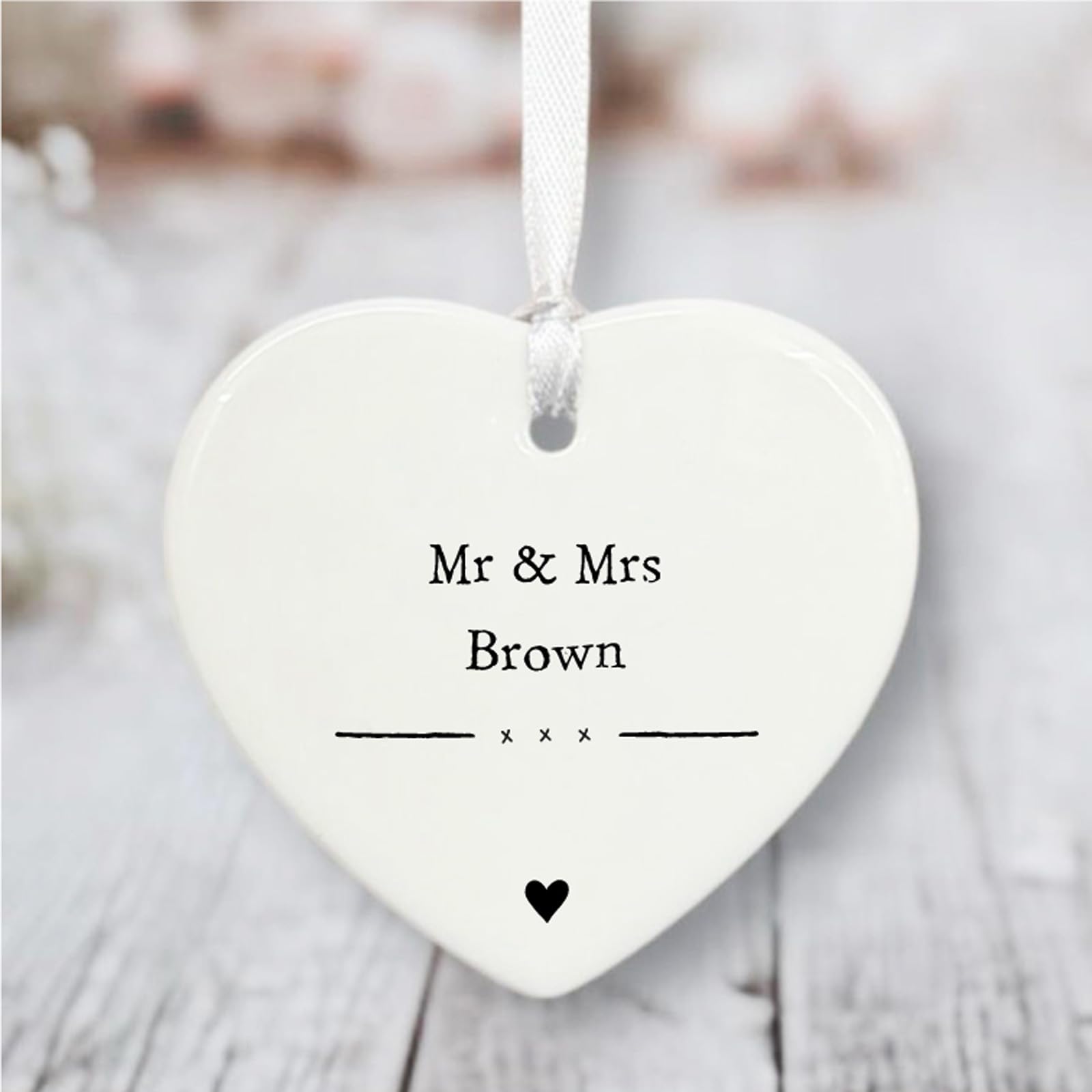 Luck And Luck White Personalised Porcelain Mr Mrs Gift, Custom Hanging Heart Wedding Keepsake, Ceramic Heart Ornament, With Engraved Names