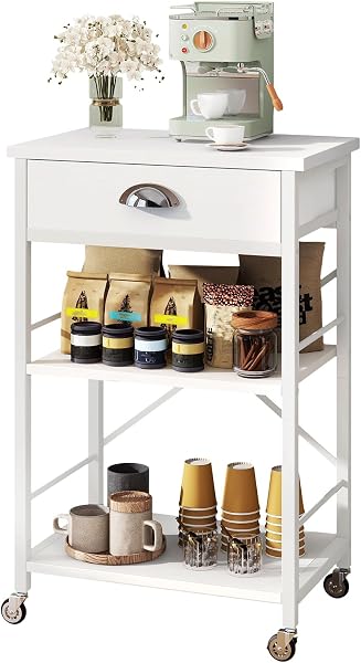 IBUYKE - Estante de cocina para panadería con cajones, soporte para microondas de 3 niveles con almacenamiento, mesa de barra de café con ruedas, estante ajustable, montaje simple, blanco TMJ030W - 1