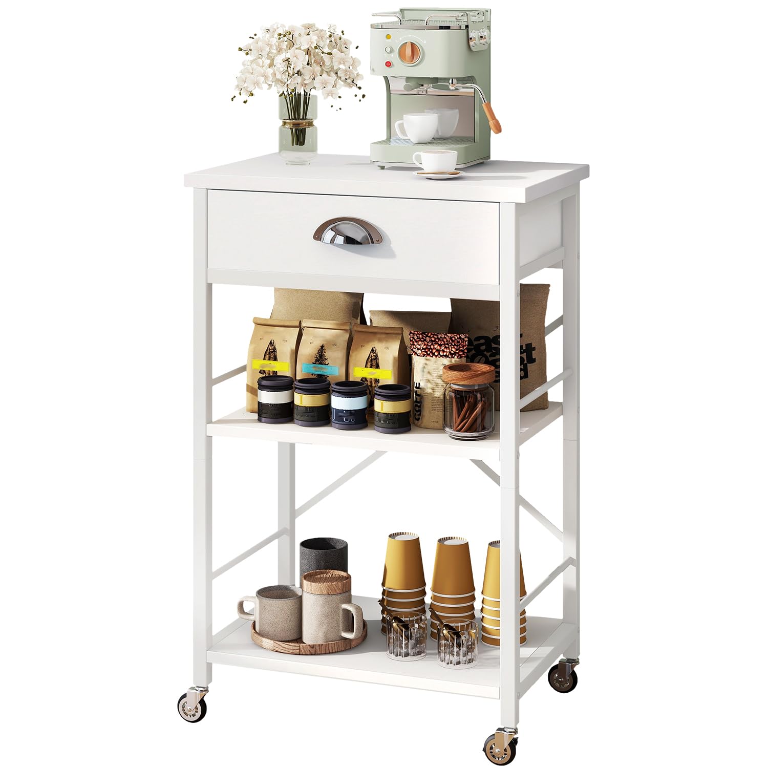 IBUYKE - Estante de cocina para panadería con cajones, soporte para microondas de 3 niveles con almacenamiento, mesa de barra de café con ruedas, estante ajustable, montaje simple, blanco TMJ030W