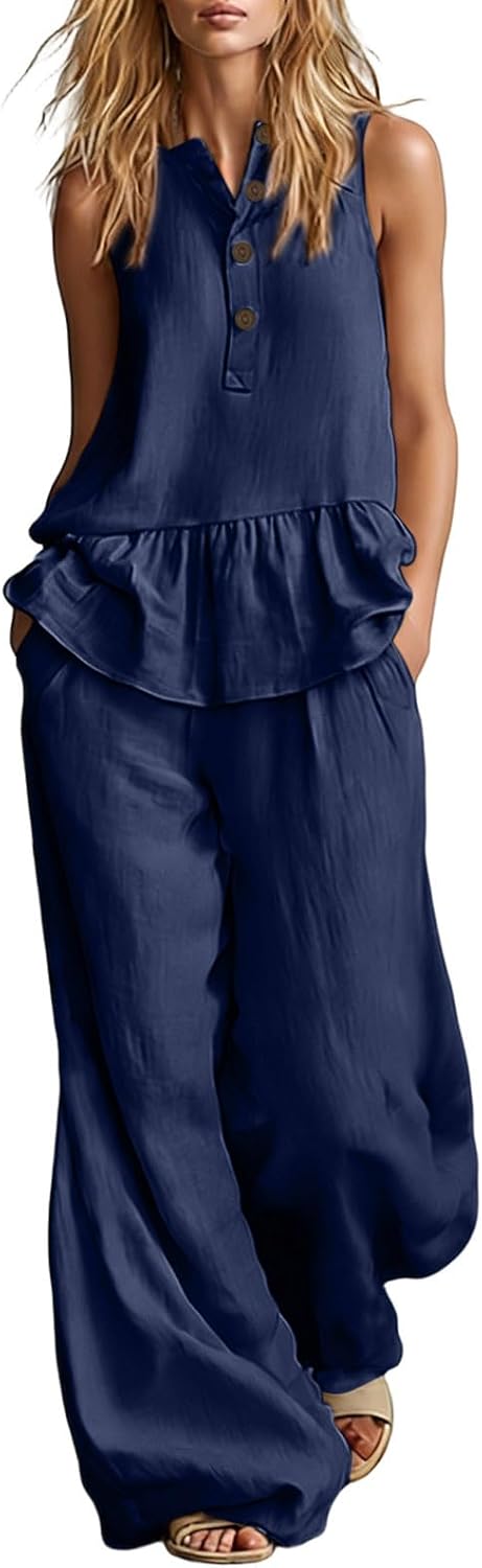 Womens Cotton Linen Two Piece Set Sleeveless V Neck Peplum Vest Wide Leg Pant Suits Dressy Summer Vacation Outfits
