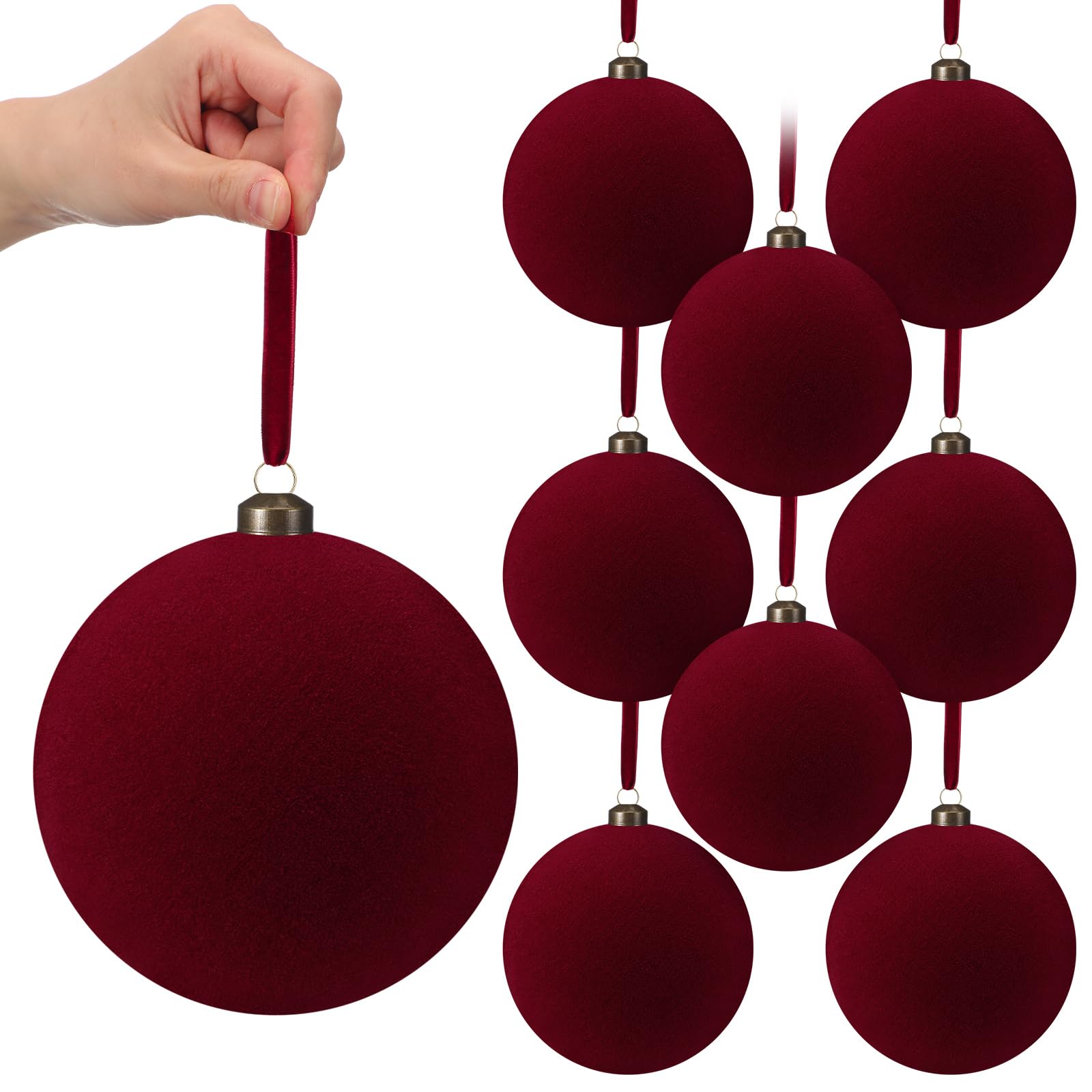 RoundFunny 8 Pcs 6 Inch Velvet Flocked Christmas Ball Ornaments, Burgundy
