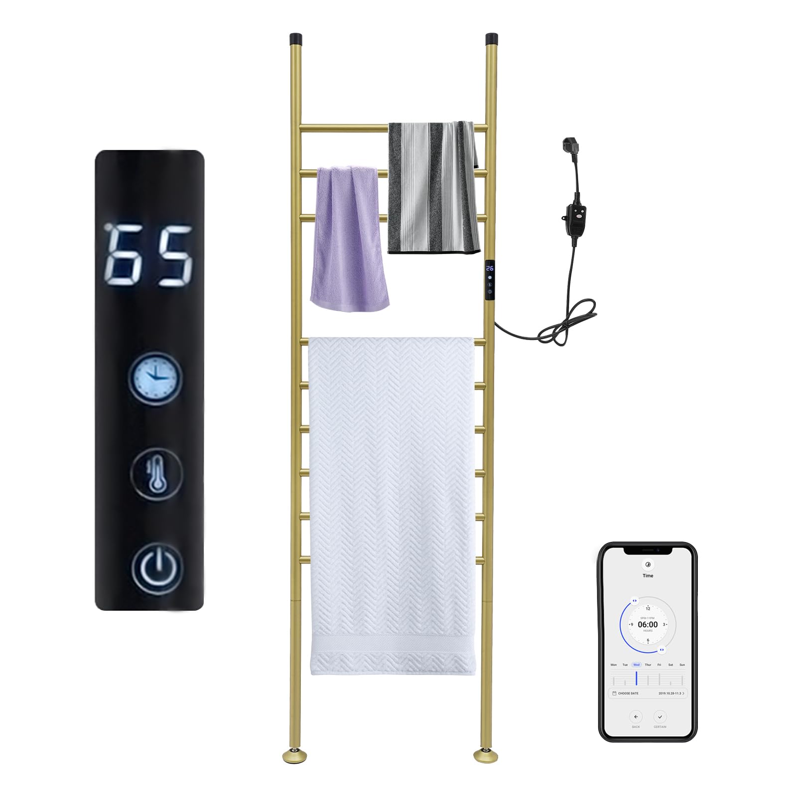 Handtuchhalter Elektrischer Badheizkörper 150W Bodenstehender Handtuchhalter Handtuchwärmer 45-70℃ Handtuchheizer Freistehend Handtuchtrockner 9-Stäbe 42.5 * 160cm (Gold)