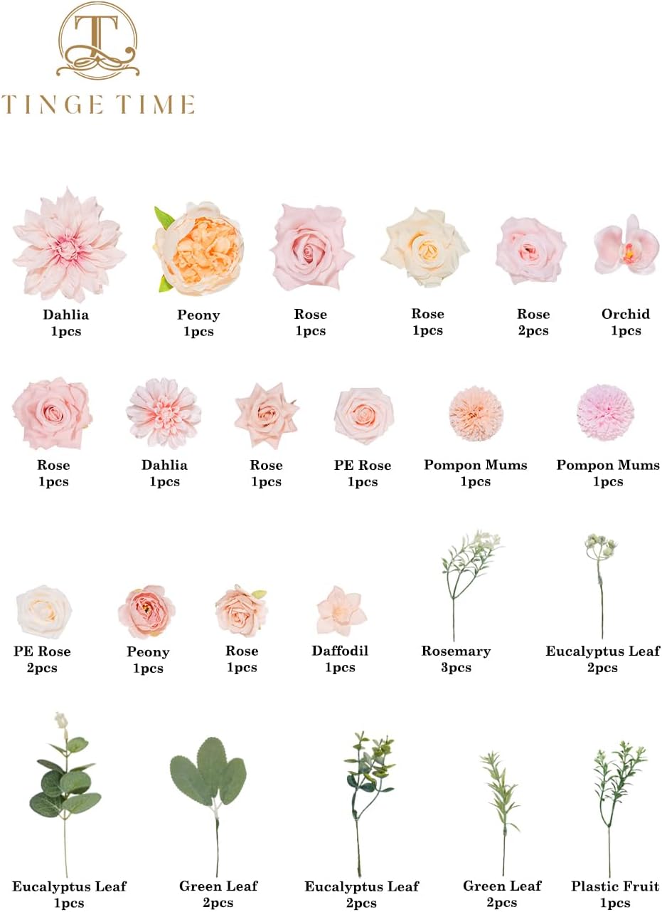 TINGE TIME Rose Artificial Flowers Combo, Blush Pink Flowers Fake Foam Peony Dahlia with Stems for DIY Wedding Bouquets Baby Shower Party Table Centerpieces Home Decorations