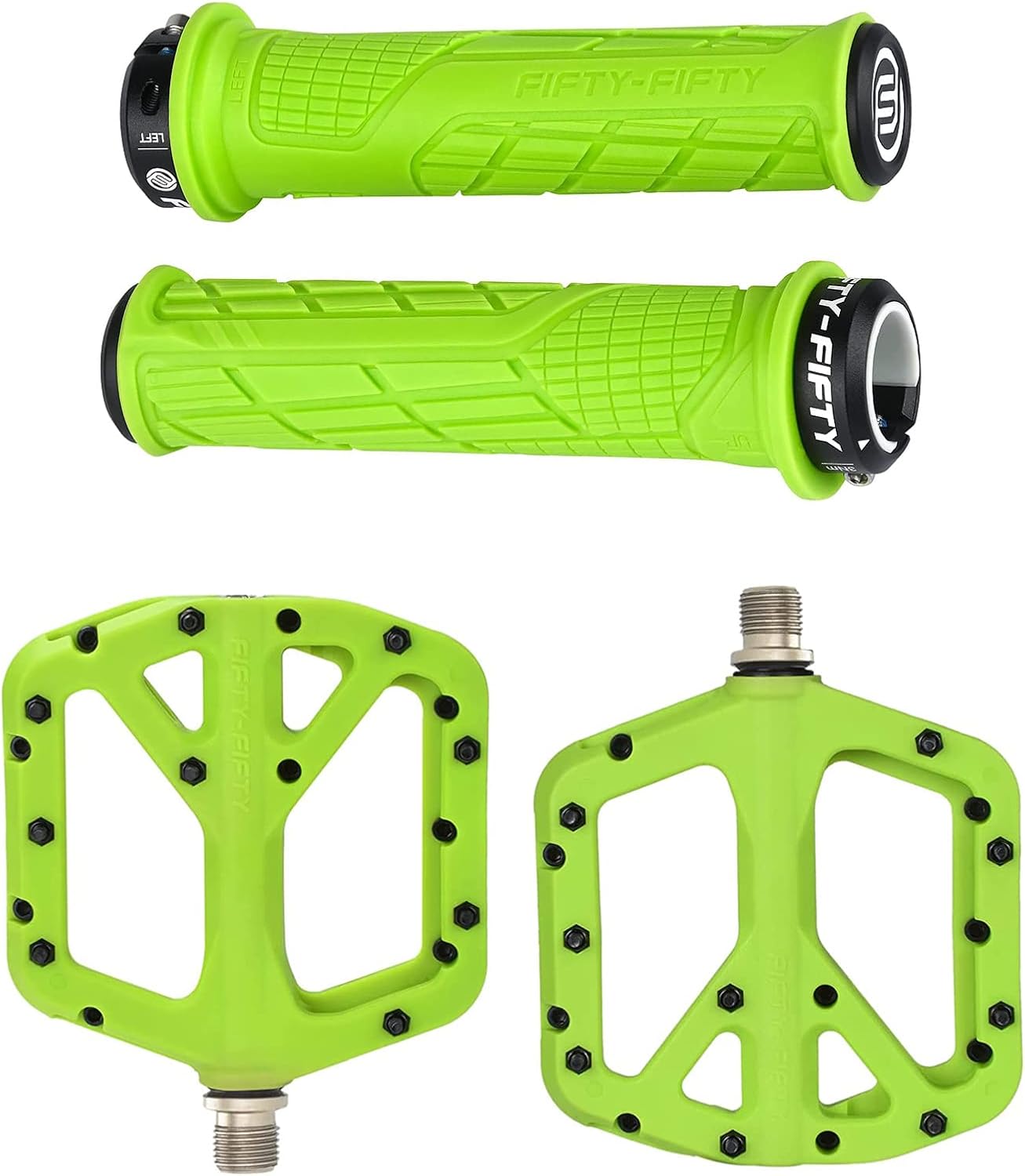 FIFTY-FIFTY Mountain Bike Handlebar Grips, Single Lock-on MTB Grips, Mountain Bike Pedals, Non-Slip MTB Nylon Fiber Pedals Grips for All Mountain, Enduro, Downhill