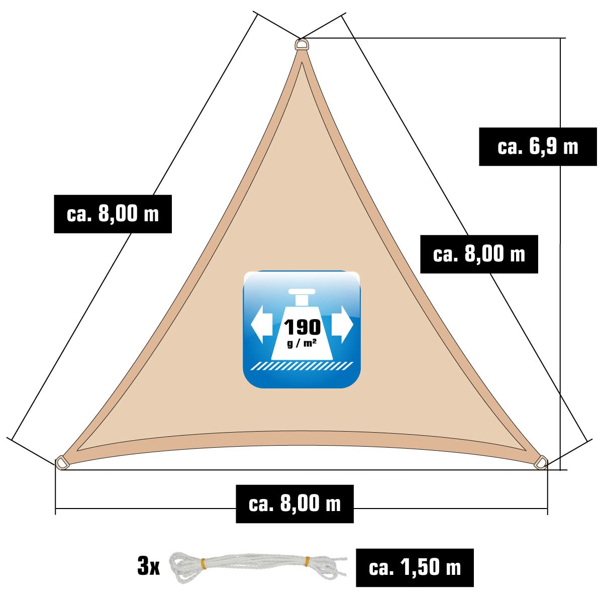 AMANKA 98% UV Schutz: 8x8x8 Sonnensegel Dreieckig Wasserdicht - Terrassendach Sonnenschutz für Trampolin, Pool und Garten mit D Ring - Pergola Dreieck